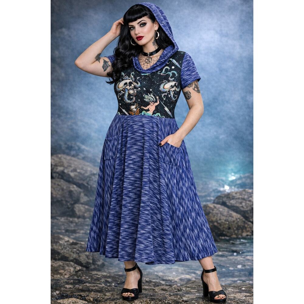 G&H by Lynna Dress Mermaid Skull Octopus Print Hooded Dress M Pinup Rockabilly